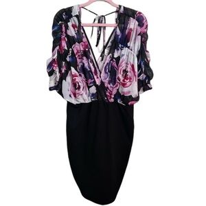 NWOT Womens Plus Black Sheer Floral Deep V-Neck Dress